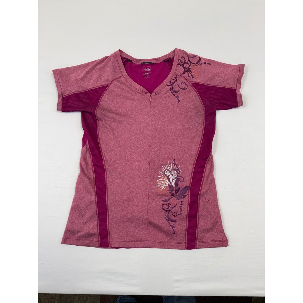 The North Face Womens Pink Floral 1/4 Zip Short Sleeve Performance Top Size M